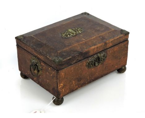 Interesting antique leather clad sarcophagus jewellery casket, with quality ornate brass finial, ring handles, ball feet, aco