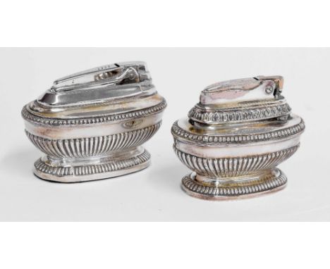 Ronson Queen Anne chrome table lighter; together with another similar shape Ronson table lighter, silver plated candlestick a