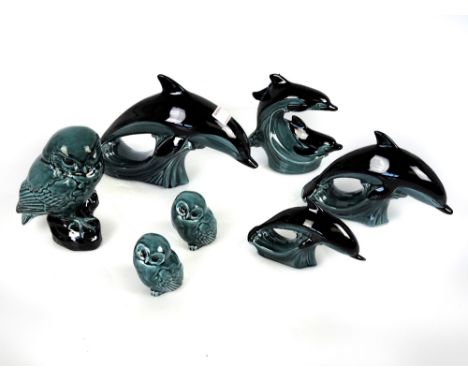 Poole Pottery - collection of blue glaze owl and dolphin figurines (7)