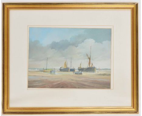H* K* Kasparian (20th century) - 'Boats and Barges on Mud Flats', signed, also inscribed on an exhibition label verso with th