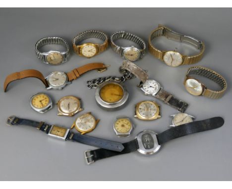 Collection of fifteen various gentlemen's mechanical watches (Avia, Timex, Sekonda etc) and a services pocket watch and chain