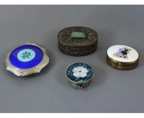 Silver pietra dura pill box, white metal and guilloche compact, Chinese pill box and a small pill box with an enamel poodle m