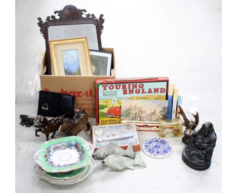 Mixed lot, including board games, Buddha figure, framed art works, pair of glass candlesticks, pair of white metal fish menu 