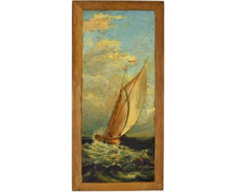 A*K*L* (20th century) - fishing boat in a swell, signed with the artist's initials, oil on panel, unframed, 27.5" x 12.5"