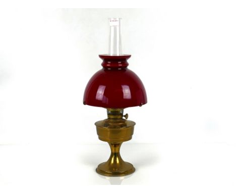 Large Aladdin #23 oil lamp, with chimney and opaline cherry red glass shade
