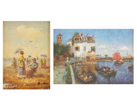R* Wilson (20th/21st century) - Beach scene with figures, several ladies holding parasols, signed, oil on board, 6.5" x 4.5";