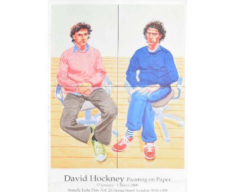 Exhibition advertisement poster for David Hockney Painting on Paper 2003  - featuring the portrait of Tom &amp; Charles Guard