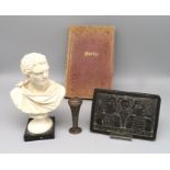 4 teiliges Konvolut, bestehend aus Poesiealbum, dieses dat. 1869, steinerne Reliefplatte, Kunstguss