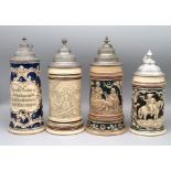 4 diverse Bierkrüge, um 1900,, Steingut mit Reliefdekor u.a. von Rocaillen und Genreszenen, 1 x mit