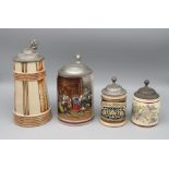 4 diverse Bierkruge, um 1900, 1 x sign. Otto Buhlmann Leipzig, Steinzeug, teils mit Reliefdekor, pa