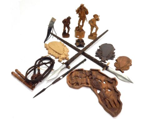 Hunting Interest: A Quantity of German & African Tourist Hunting Souvenirs, including - three Austro German carved soft wood 