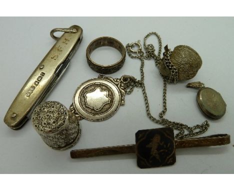 A silver thimble, ring, penknife, locket, brooch and fob, weight 59g