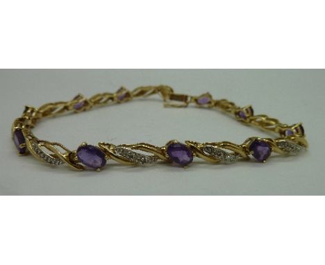 A 9ct gold, amethyst and diamond bracelet, weight 7.5g, length 19cm