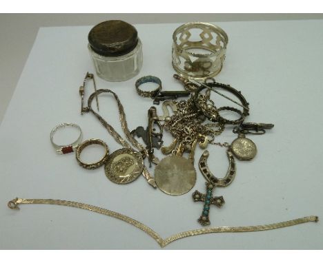 Assorted silver jewellery including a 9ct gold and silver eternity ring, napkin ring, etc., weight 87g