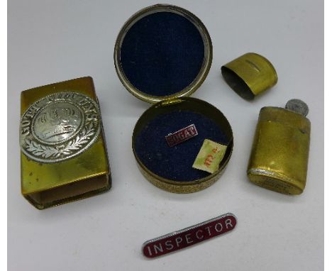 A Victory lighter, a brass matchbox holder and a studs box