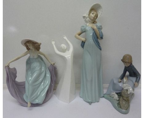 A Lladro figure, a/f, two Nao figures, one a/f, and a Royal Doulton figure, Awakening