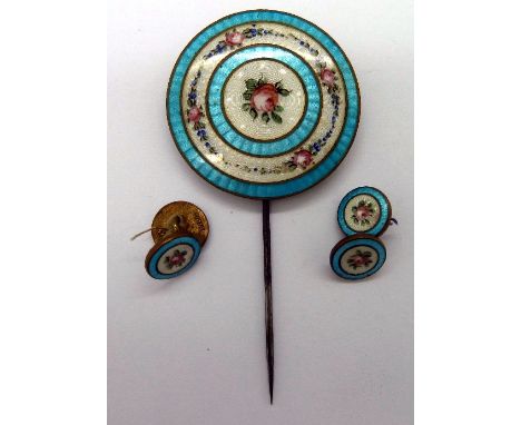 A guilloche enamelled stick pin and four matching buttons, converted to cufflinks