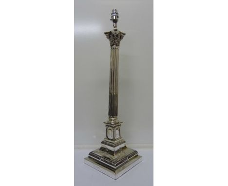 A silver plated Corinthian column table lamp base, height 57cm