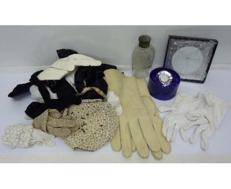 A vintage handbag and gloves, a flask, a crystal quartz clock and a plated picture frame 