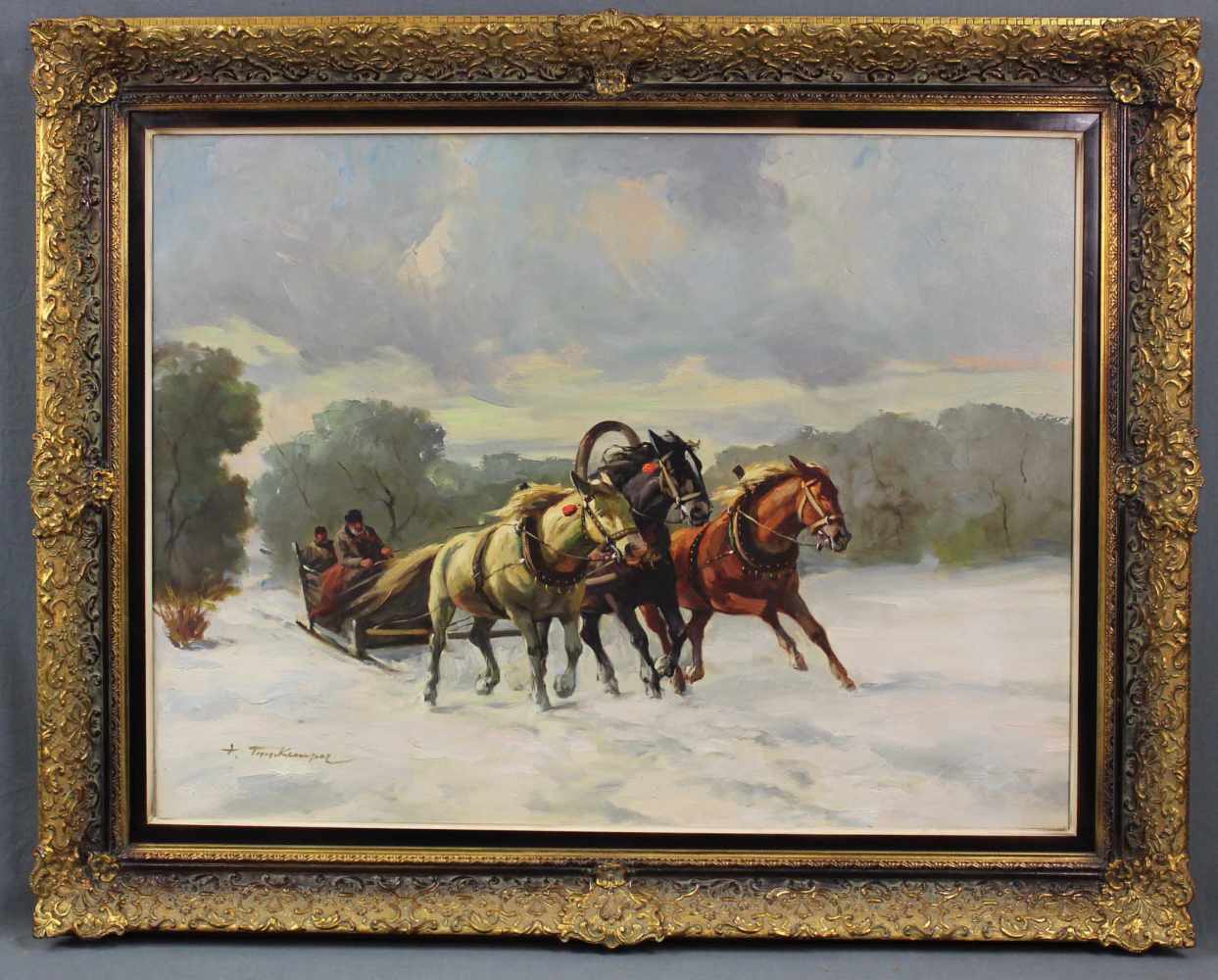 Josef TIPPKEMPER (1892 - ?). Troika im Schnee. 60 cm x 80 cm. Gemälde ...