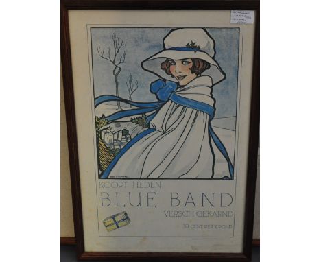 A Dutch blue band advertising lithograph together with a landscape screen print