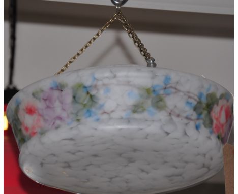 An 1940's mottled frosted hanging ceiling light with reverse painted roses 