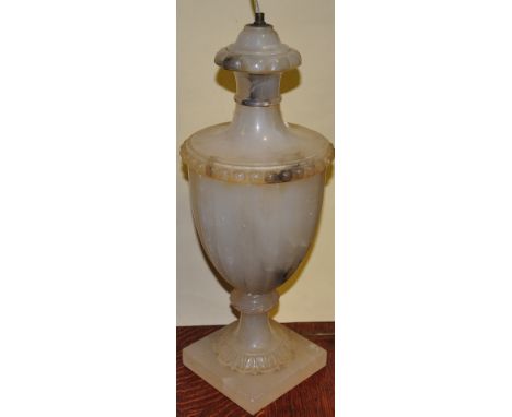 An early 20th Century alabaster Campana lamp base with fluted body on square plinth foot, h:42cm