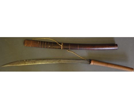 A 20th century South East Asian sword with 62cm curved steel blade with bound grip and bamboo scabbard