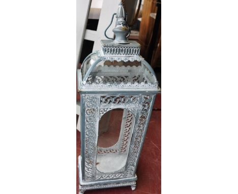 A vintage style aged metal glazed garden lantern, h:68cm