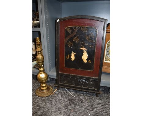 A Japanese lacquer wooden panel decorated with Geisha and garden scene also large Chinese style brass lamp