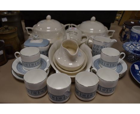 A selection of ceramics including Royal Doulton counterpoint cups, saucers and sugar basin, and white tureens and a gravy boa