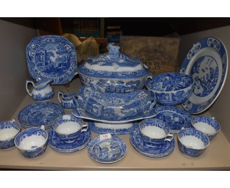 A collection of blue and white ware, a lot being Spode cups and saucers, jugs,bowls and plates, a large tureen and platter ar