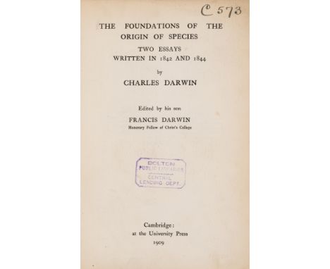 Darwin (Charles) The Foundations of the Origins of Species. Two Essays Written in 1842 and 1844, edited by Francis Darwin, ha