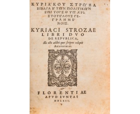 Strozzi (Ciriaco) Libri duo de republica, illis octo additi scriptos reliquit Aristoteles, collation: a4, b2, Α4, Β4, Γ4, Δ4,