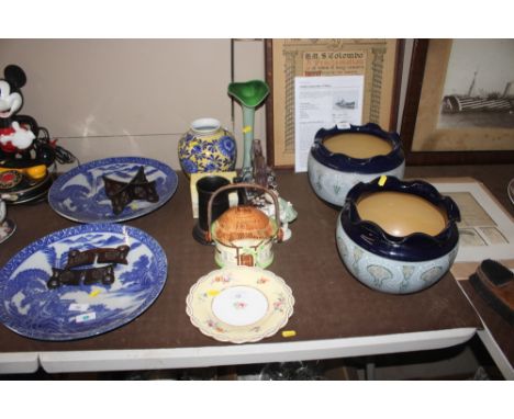 A china cottage biscuit barrel; a porcelain cabinet plate; two enamelled amethyst glass vases etc. 