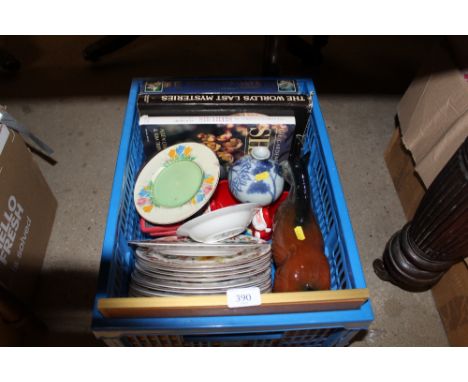 A box containing various books; Royal Horticultural Society collector's plates; Shire horse; Clarice Cliff plate  AF etc.