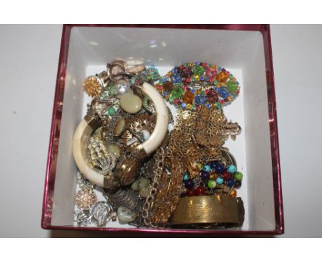 A box of various costume jewellery to include bone bangle