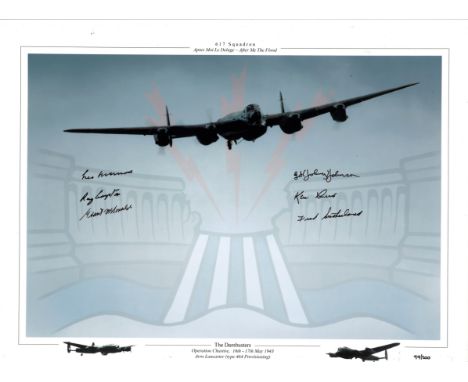 Dambusters WW2 Grayston, Johnson, Munro, Sutherland, McDonald, Lucas signed 16x12 colour photo. Good Condition. All signed pi