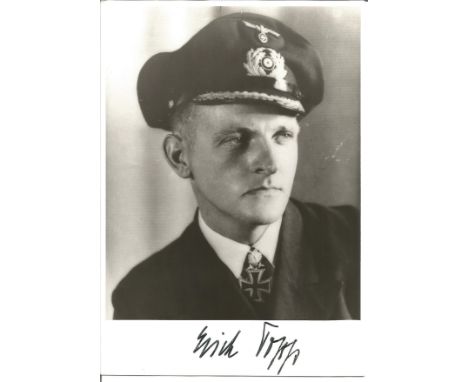 Uboat commander Erich Topp signed black and white portrait photo on card. Good Condition. All signed pieces come with a Certi