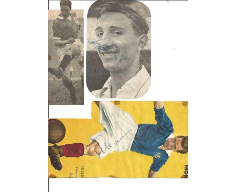 Football vintage autograph collection. 13+ signed on football magazine photos, assorted sizes. Includes Peter Harris, Roy Gra