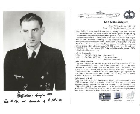 Uboat commander Kplt Klaus Andersen signed black and white 8x6 portrait photo. Good Condition. All signed pieces come with a 