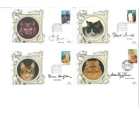 Signed cover collection. 10 Benham 1999 Cats silk covers from around the World signed by Robin Cousins, John Woodvine, Karl M