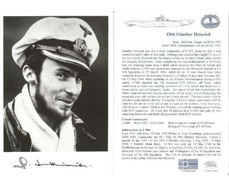 Oblt Gunther Heinrich signed black and white 8x6 portrait photo. Good Condition. All signed pieces come with a Certificate of
