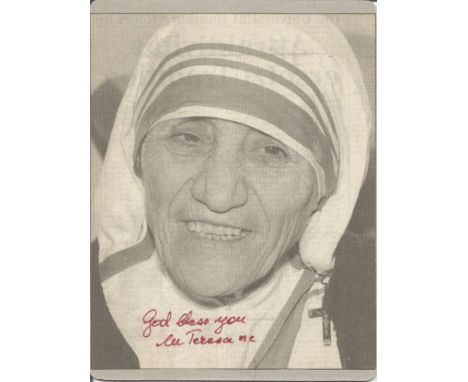Mother Teresa MC signed 8 x 5 b/w magazine portrait photo. Good Condition. All signed pieces come with a Certificate of Authe