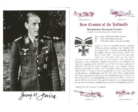 Luftwaffe ace Hauptmann Hermann Greiner signed black and white 8x6 portrait photo. Good Condition. All signed pieces come wit