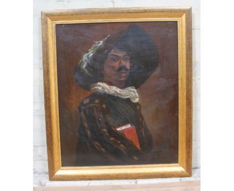 T Frannili(?), Continental School, portrait of a man wearing a feathered hat, oil on canvas, 62cm x 74cm, indistinctly signed