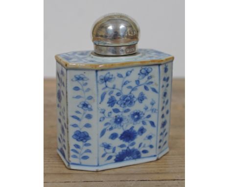 A Chinese 18th Century porcelain tea caddy with later hallmarked silver top, height 12.5cm. 