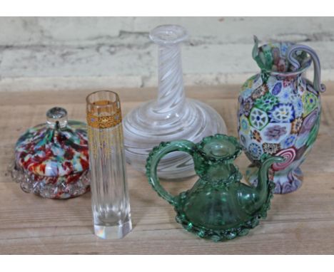 A mixed lot of glass to include a Bohemian gilt overlaid glass vase of hexagonal form, a white spiral decanter, a green teapo