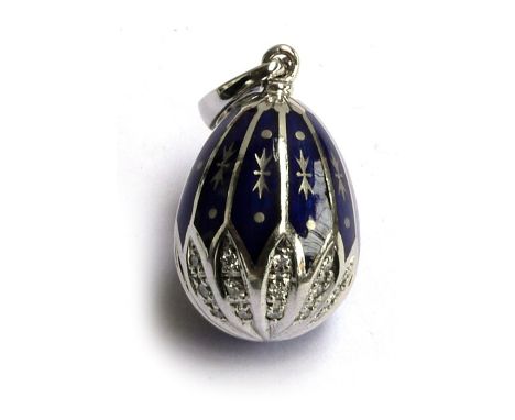 An 18ct and blue guilloche enamel egg pendant by Victor Mayer for Faberge with set diamonds (0.175ct), numbered 279/500, stam