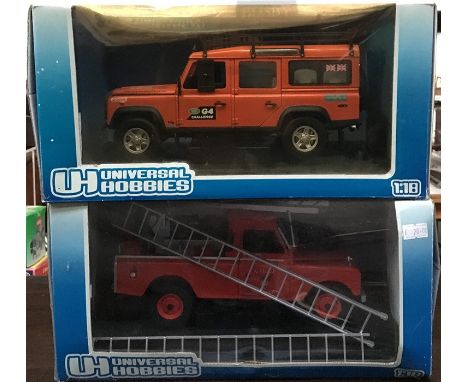 Universal Hobbies Land Rover Defender 110 station wagon "G4 Challenge", and a Land Rover Defender fire engine